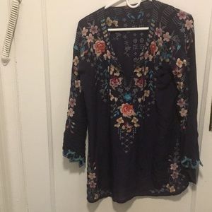 Johnny Was Floral Embroidered Tunic Dress Blue